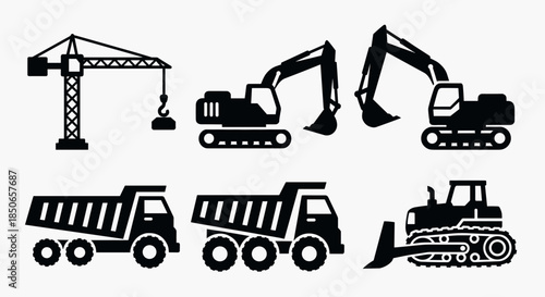 Essential Construction Machinery Icons Collection with Crane, Excavators, Dump Trucks, and Dozers