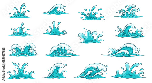 Extensive set of cartoon water splashes and ocean waves, hand-drawn vector collection for aquatic designs.