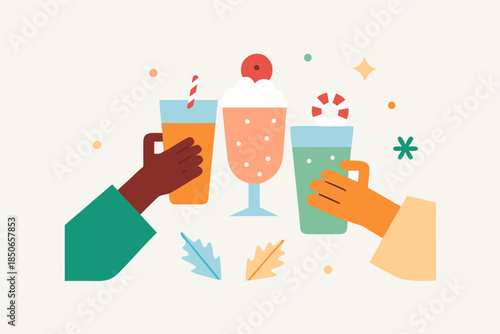 Diverse Hands Holding Drinks Minimal Christmas Vector