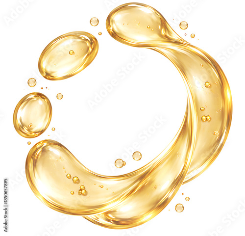Champagne-colored cosmetic serum droplets forming circular motion, translucent light gold tone