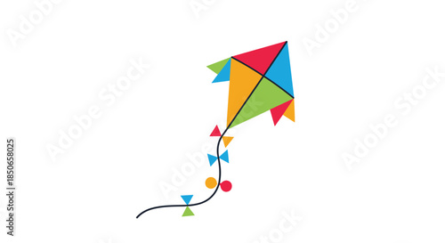Vibrant and colorful kite with a long tail and decorative bows flying high in the air against a clean white background.
