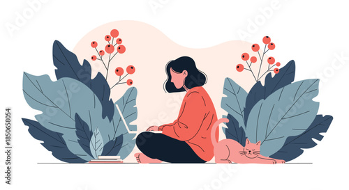 Young woman sitting on the floor and working on her laptop surrounded by large leaves, berries, and a sleeping cat in a flat illustration.