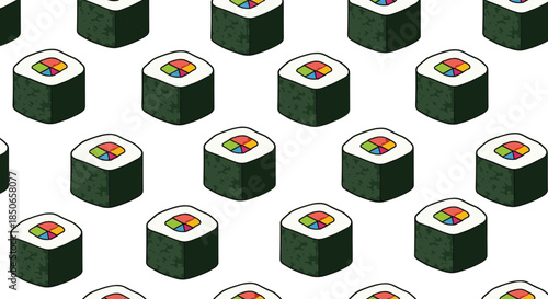 Beautiful seamless pattern featuring colorful sushi maki rolls with various fillings arranged neatly on a white background for food design.