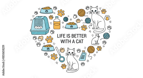 Heart shaped composition featuring cats, paw prints, food bowls, and pet toys around the text life is better with a cat.