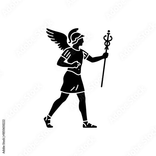 Silhouette Icon of the Greek Mythology God Hermes, the Winged Messenger of the Gods with a Caduceus Wand