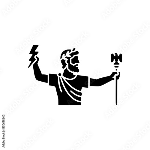 Greek Mythology God Zeus Silhouette Icon, Symbol of Power of the God of Thunder with Lightning and Scepter