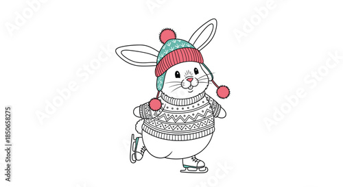 Adorable illustration of a chubby rabbit wearing a festive sweater and a woolly hat while gliding on ice skates across a white surface.