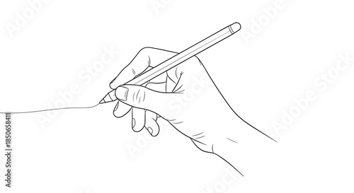 Realistic line art drawing of a human hand holding a pencil and drawing a dashed line across a plain white surface.