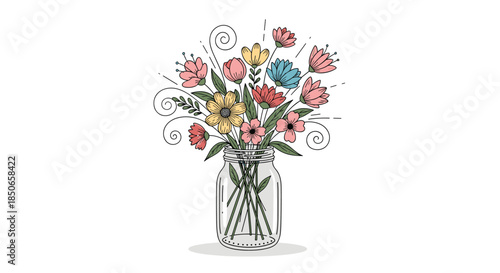 Beautiful illustration of a colorful wildflower bouquet arranged in a simple glass mason jar with whimsical swirls and dots.