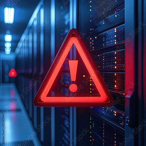 Red warning sign with exclamation mark in server room