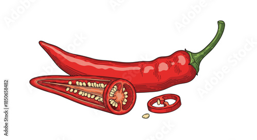 Realistic drawing of two vibrant red chili peppers with one whole and another cut open to reveal the spicy seeds inside.