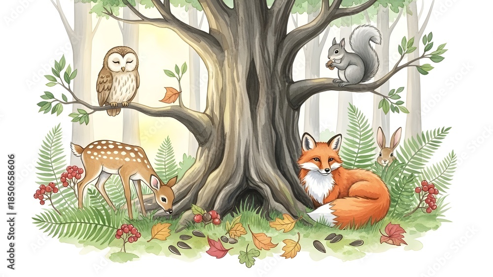 Naklejka premium Gran conjunto de animales salvajes del bosque. Ilustración acuarela. Zorro tejón conejo ciervo y ardilla listada. Conejito, pájaro búho, sapo, pluma, hoja. Colección de elementos naturales. Bosqu