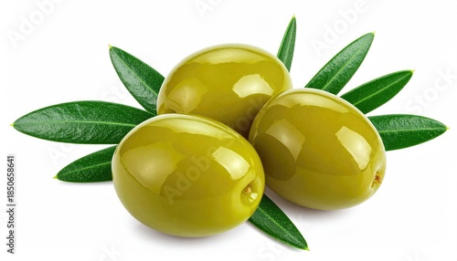 Three fresh green olives with leaves isolated on a white background