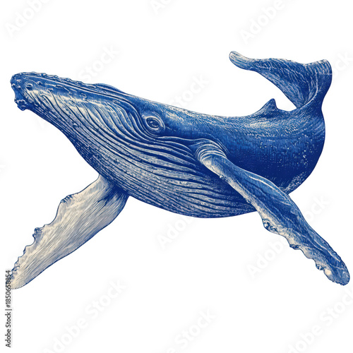 Graceful blue humpback whale swimming on a white background.