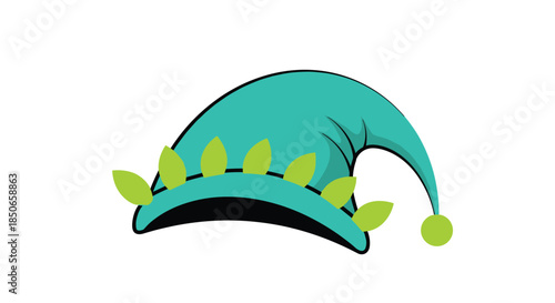 Whimsical turquoise elf or gnome hat decorated with small green leaves and a pom-pom at the end for a fantasy costume.