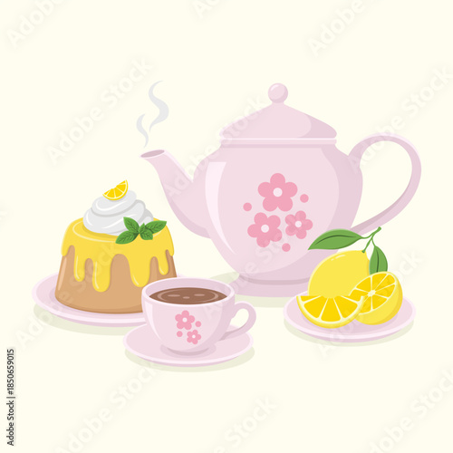 Cute ceramic teapot with floral pattern, a cup of hot tea with saucer, sliced lemon and delicious cake dessert. Tea time set vector illustration.