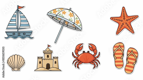 Collection of beach vacation icons including a sailboat and sandcastle.