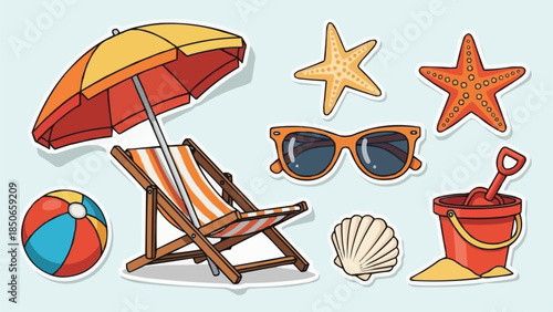 Beach Vacation Essentials Collection With Umbrella Beach Chair And Toys.