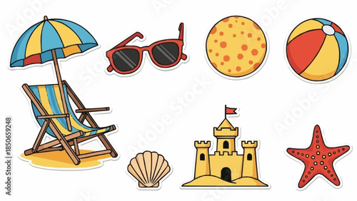 Beach Vacation Essentials Collection Featuring Umbrella Chair Sunglasses Ball Starfish and Sandcastle.