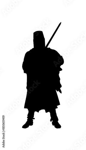 Medieval Warrior Man Holding Sword in Historical Attire, Strong Silhouette on Isolated White Background
