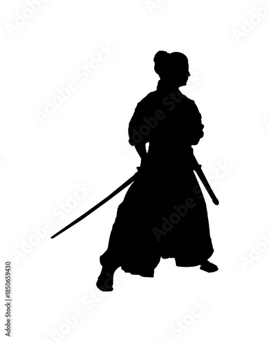 Female Samurai Warrior Holding Katana in Traditional Stance, Martial Arts Silhouette on Isolated White Background