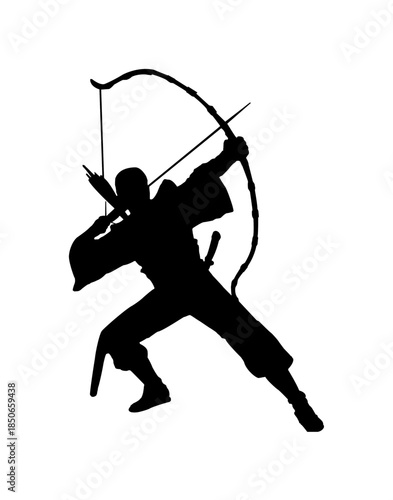 Traditional Archer Man Aiming Bow and Arrow, Skillful Silhouette on Isolated White Background