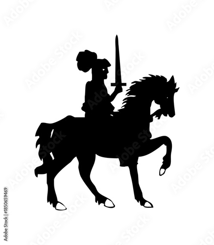 Female Knight Warrior Riding Horse with Sword, Historical Silhouette on Isolated White Background
