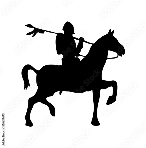 Silhouette of a determined warrior riding on horseback holding a spear, ready for battle, isolated white background.