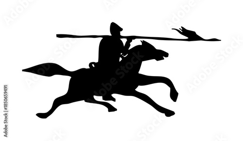 Dynamic silhouette of a medieval knight charging on horseback with a lance, isolated white background.