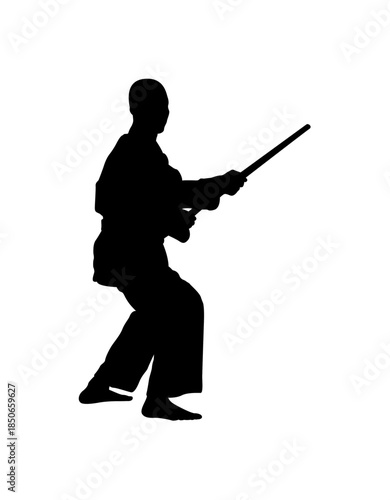 Silhouette of a martial artist holding a sword in a focused ready stance, isolated white background.