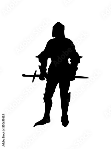 Silhouette of a medieval knight in armor holding a sword and dagger in a vigilant stance, isolated white background.