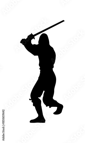 Dynamic silhouette of a warrior wielding a katana in an attacking pose, isolated white background.