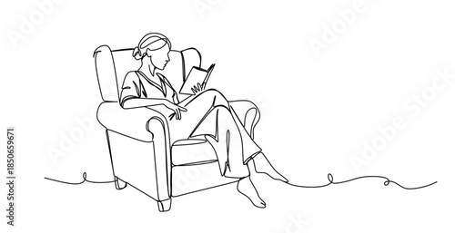 A woman sitting reading a book on a sofa in a continuous line