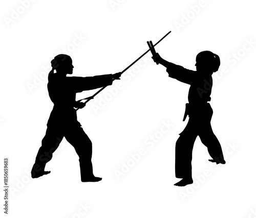 Dynamic Silhouette of Two Female Martial Arts Practitioners engaged in Kendo sparring, clashing shinai with intense focus on an isolated white background.