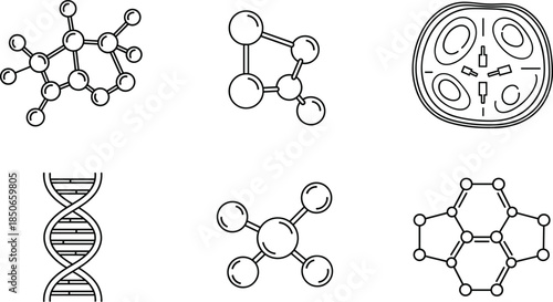 Set of minimalist scientific vector icons featuring various molecular structures DNA double helix and cellular diagrams for biotechnology research and medical education branding