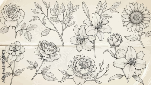 Collection of Hand-Drawn Botanical Illustrations of Various Flowers and Leaves.