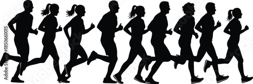 Silhouette of a group of people running together in unison
