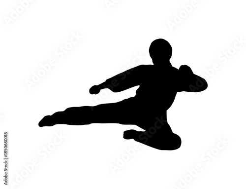 Flying Male Martial Artist Executing a Powerful Jump Kick in Mid-Air on an Isolated White Background