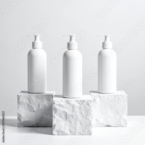 Three identical white pump bottles, positioned on three textured white stone blocks, against a light gray background