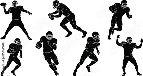 American football players in motion silhouette illustrations