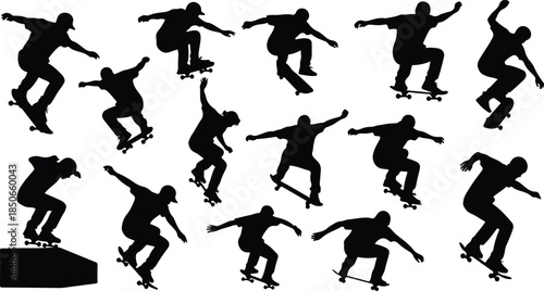 Collection of silhouette skateboarders in various motion poses