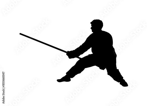 Dynamic Male Martial Artist Wielding a Bo Staff in a Powerful Combat Stance on an Isolated White Background
