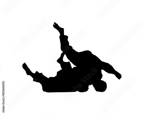 A dynamic judoka or grappler executing a fall or throw technique, isolated white background.