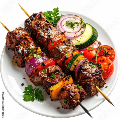 Grilled skewers of meat and vegetables on a plate