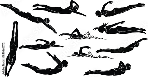 Black silhouettes of people performing various diving poses and movements in mid air