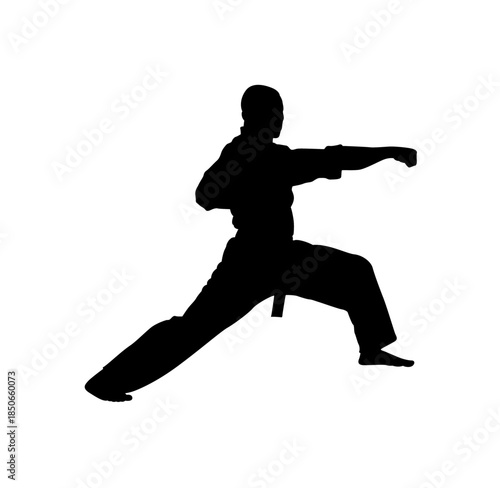 A strong martial artist in a focused karate punch stance, ready to strike, isolated white background.