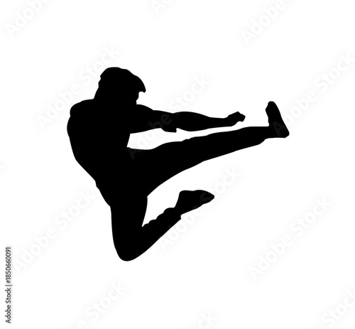 A dynamic martial artist performing an impressive flying kick, isolated white background.