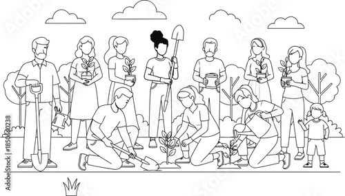 Line Art Illustration of Community Tree Planting and Environmental Teamwork