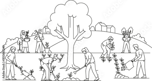 Community Tree Planting Activity with People Working Together for Environmental Conservation Illustration