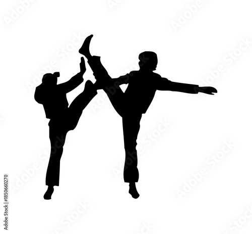 Two martial artists performing high kick and block in dynamic combat pose, isolated white background.
